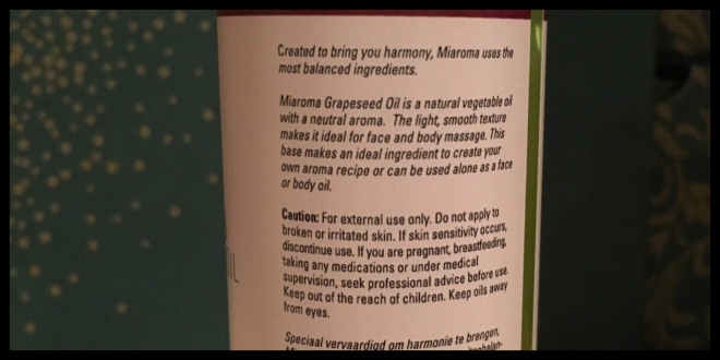 The back of the Grapeseed Oil bottle, it gives instructions on how to use it