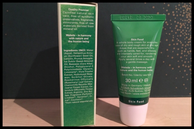 Back of the tube of Skin Food showing a bit of a description of the product and the side of the box with the ingredients on