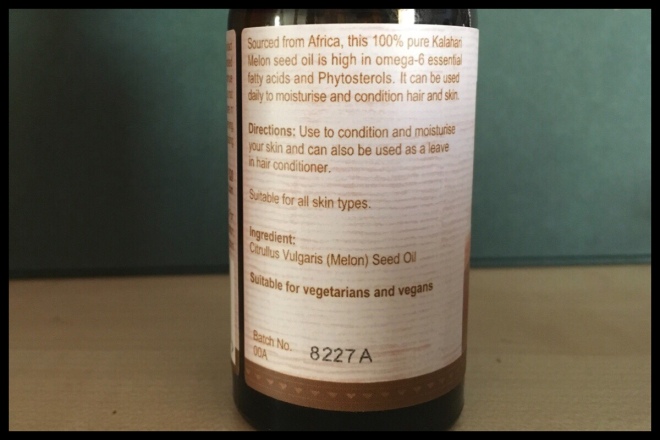 The back of the Melon Seed Oil bottle, it shows instructions on how to use it