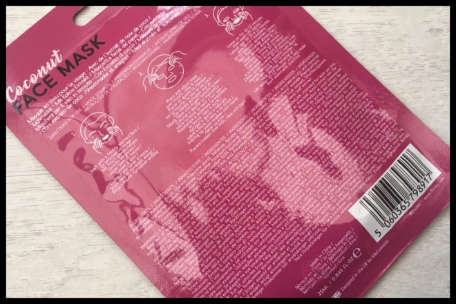 The back of the Cruella face mask showing the instructions and ingredients