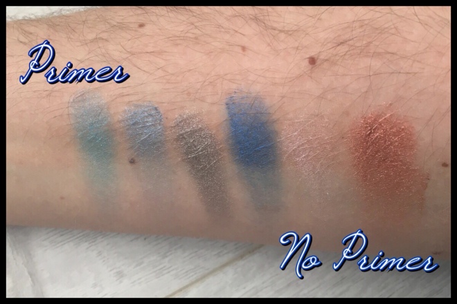 Swatches of the Ravenclaw eyeshadows, with and without a primer base