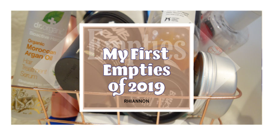 My First Empties of 2019 title image. Behind the text is a photo of a lot of empty bottles and jars in a rose gold basket