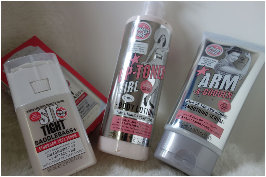 The three products in the Soap and Glory bundle. From left to right is Sit Tight Saddlebags+, Up-Toned Girl and Arm-A-Gooden