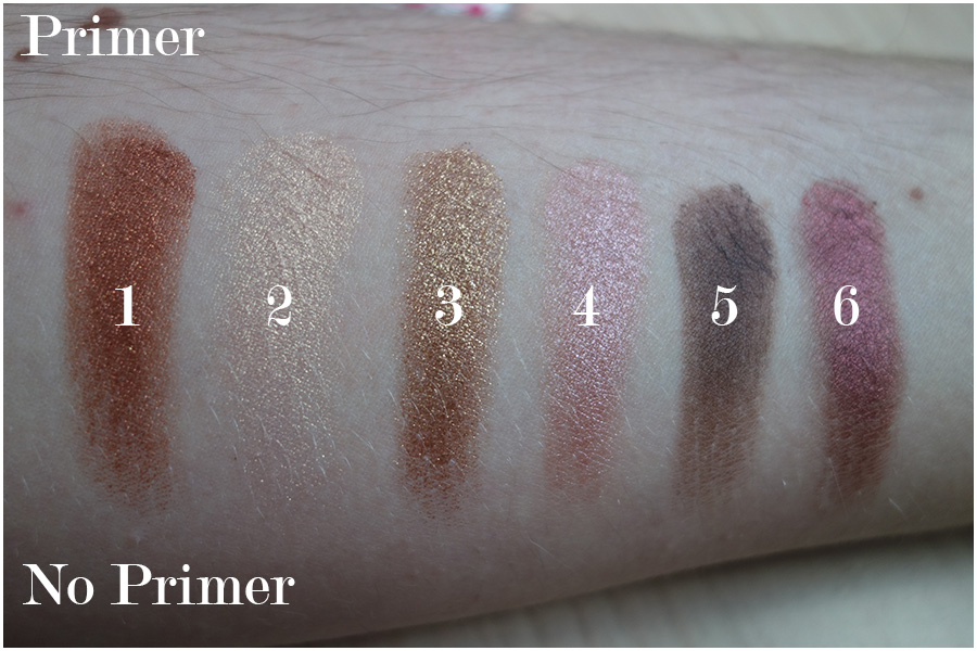 A photo of the six eyeshadows from the top row swatched with and without primer